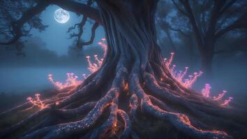 Mystical Glowing Mushrooms on Old Tree Roots photo