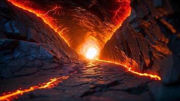 Volcanic Cave Tunnel with Lava Glowing Edges photo
