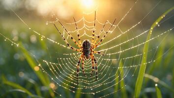 Spider on Web with Dew Drops in Morning Light photo