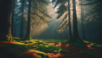 Forest Sunlight Shining Through Trees and Mossy Ground photo