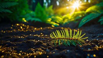 Pine Needle on Ground with Sunlight Shining Through Trees photo