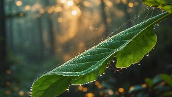 Leaf with Dew Drops and Spider Web in Forest photo