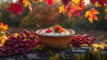 Bowl of Food with Peppers and Herbs in Autumn Leaves photo