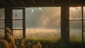 Spiderweb in Window with Foggy Meadow View photo