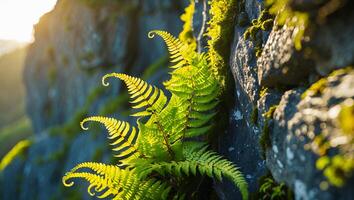 Fern on Mossy Rock Under Sunlight photo