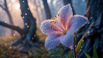 Pink Lily Flower in Rain with Dew Drops on Petals photo