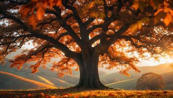 Autumn Tree with Orange Leaves and Rolling Hills photo
