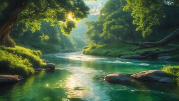 River Flows Through Lush Green Forest Landscape photo