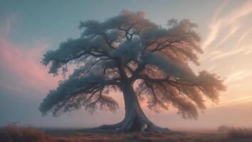 Solitary Tree Under Soft Sky at Sunrise photo