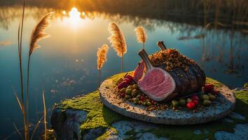 Rack of Lamb on Stone with River at Sunset photo