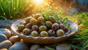 Green and Brown Olives on Plate with Thyme photo