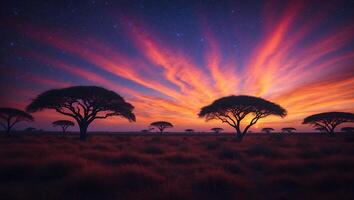 African Trees at Sunset Under a Starry Sky photo