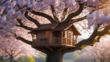Wooden Treehouse in Blossoming Cherry Tree with Light photo