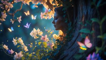 Woman and Butterflies in Dreamy Floral Scene photo