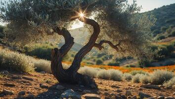 Olive Tree in Nature with Sunshine and Wild Flowers photo