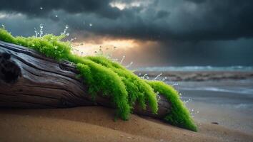 Mossy Log on Beach with Rain and Dark Sky photo