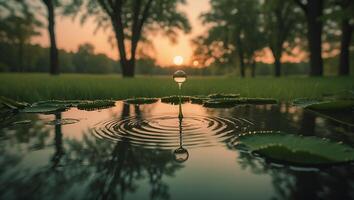 Water Drop Falling Into Pond at Sunset with Lily Pads photo
