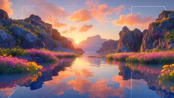 Lake View with Flowers, Rocks, and Sunset Reflection photo