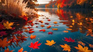 Floating Autumn Leaves on Water Reflecting Fall Trees photo