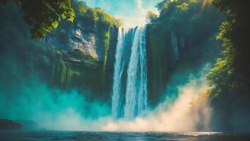Waterfall Flowing Through Lush Forest Landscape photo