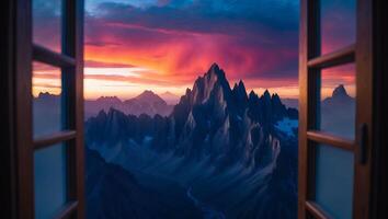 Mountain View Through Window at Sunset photo