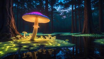 Glowing Mushroom Cluster in a Dark Forest Pond at Night photo