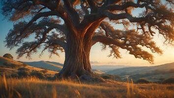 Majestic Old Tree on Hillside at Sunset photo