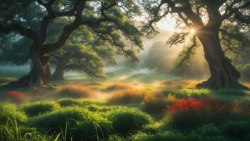 Foggy Forest with Sunlight Streaming Through Ancient Trees photo