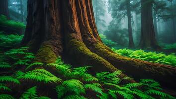 Forest with Giant Tree and Green Ferns in Foggy Weather photo