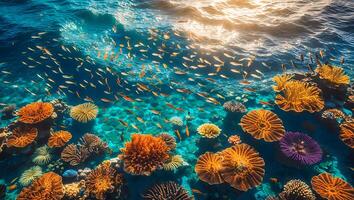 Coral Reef with Fish Swimming in Turquoise Water photo