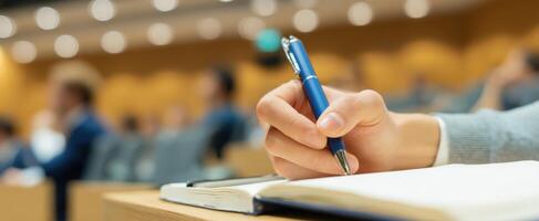 The hand writing notes with a pen during an engaging educational seminar. photo