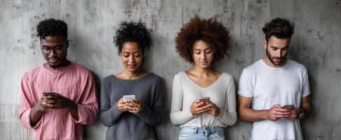 The diverse group of young adults engaged with smartphones in an urban setting. photo
