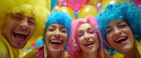 The joyful celebration of friends with colorful hairstyles and vibrant balloons. photo