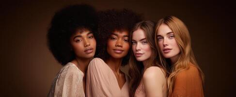 The group of diverse women showcasing beauty and confidence in a warm setting. photo