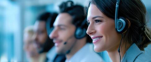 The professional team providing customer service with headsets in a modern office. photo
