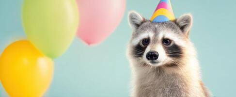 The raccoon wearing a party hat celebrating with colorful balloons. photo