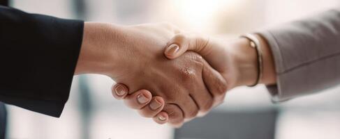 The handshake symbolizes a successful business agreement and partnership formation. photo