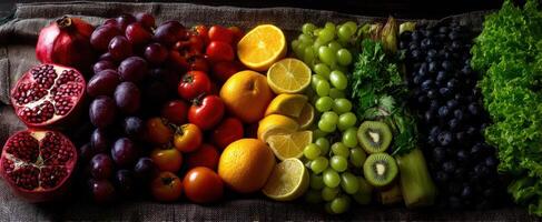 The Colorful Display of Fresh Fruits and Vegetables on Linen. photo