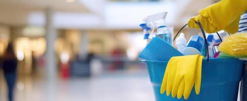 The vibrant cleaning bucket filled with supplies ready for use in a public space. photo