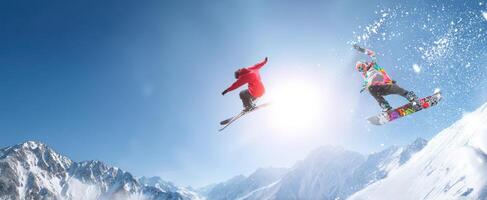 The exhilarating jump of skiers and snowboarders in a breathtaking winter landscape. photo