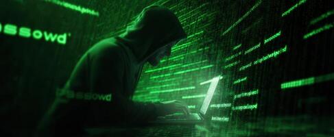 The hacker engrossed in a digital world of green code and data security. photo