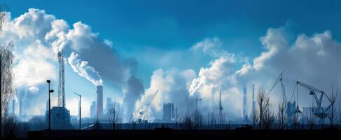 The industrial skyline emitting thick smoke and pollution into the atmosphere. photo