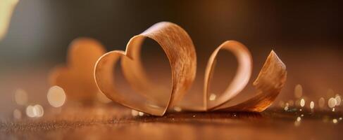 The Heart-Shaped Wooden Curlicues on a Rustic Surface with Bokeh Lights photo