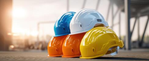 The colorful collection of safety helmets in a construction environment. photo