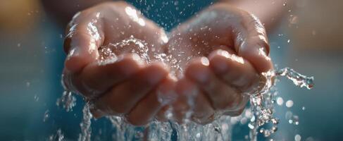 The hands catching water droplets in a serene and refreshing moment. photo