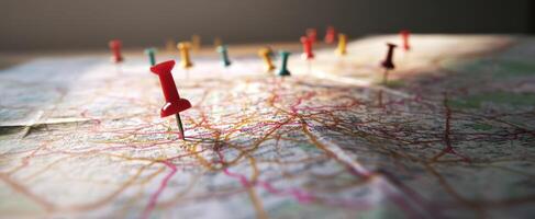 The map with colorful pins representing various travel destinations and locations. photo