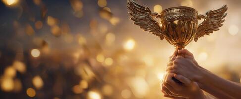 The trophy held aloft celebrates victory and achievement with gleaming wings. photo