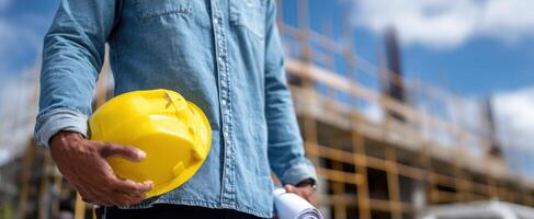 The construction worker holding a yellow hard hat at a building site. photo