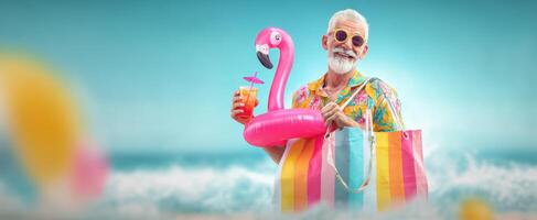 The elderly man enjoying a vibrant beach day with flamingo float and drink. photo
