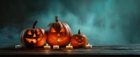 The enchanting display of carved pumpkins illuminated by flickering candles. photo